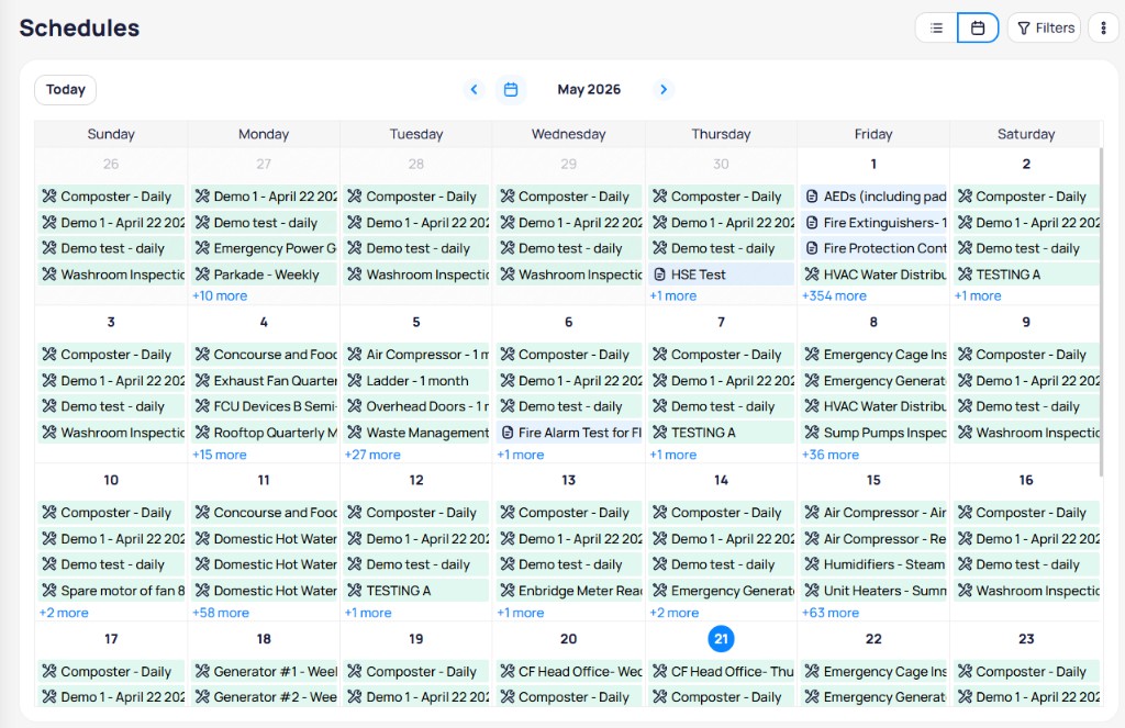 Portfolio Schedules calendar view for May 2026 with schedule chips per day and Today navigation