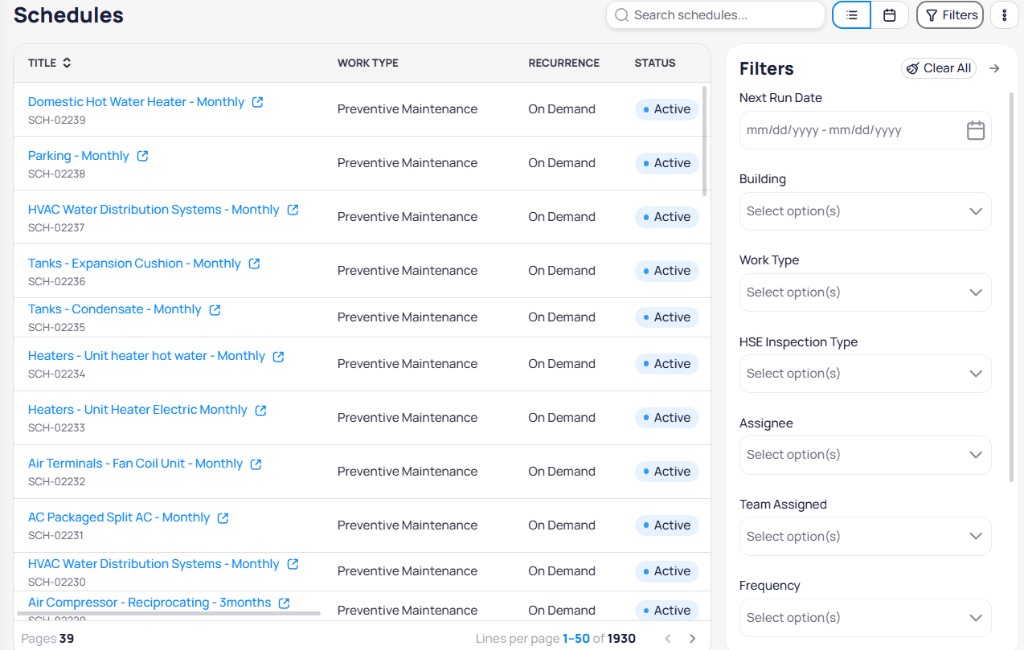 Portfolio Schedules filters sidebar with Next Run Date, Building, Work Type, Inspection Type, Assignee, Team Assigned, and Frequency fields