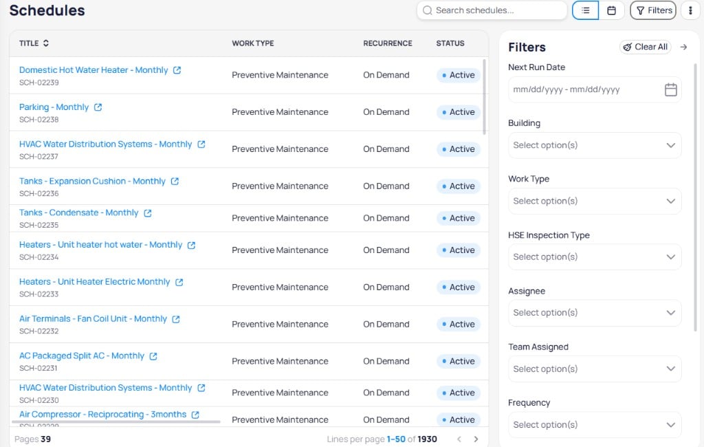Portfolio Schedules filters sidebar with Next Run Date, Building, Work Type, Inspection Type, Assignee, Team Assigned, and Frequency fields