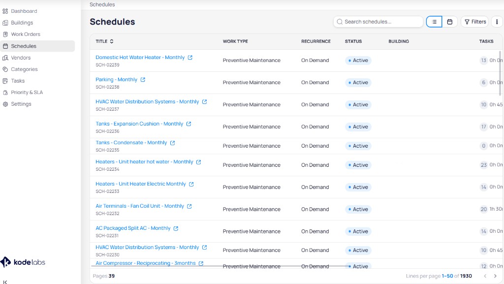 Portfolio Schedules list view with search bar, list and calendar view toggles, Filters button, and schedules table