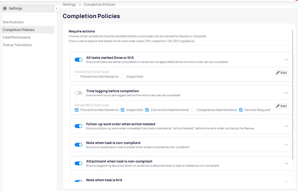 AssetOps Completion Policies settings with Require actions rules, toggles, work order type checkboxes, and Edit buttons