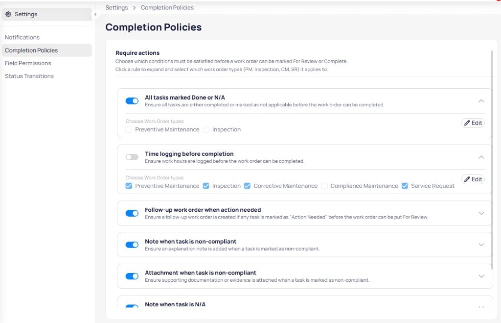 AssetOps Completion Policies settings with Require actions rules, toggles, work order type checkboxes, and Edit buttons