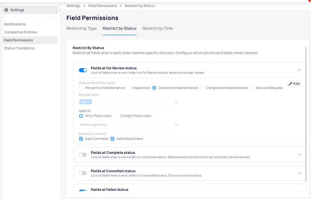 AssetOps Field Permissions Restrict by Status tab with Fields at For Review expanded showing work order types, exclude fields, roles, and exclude for actions