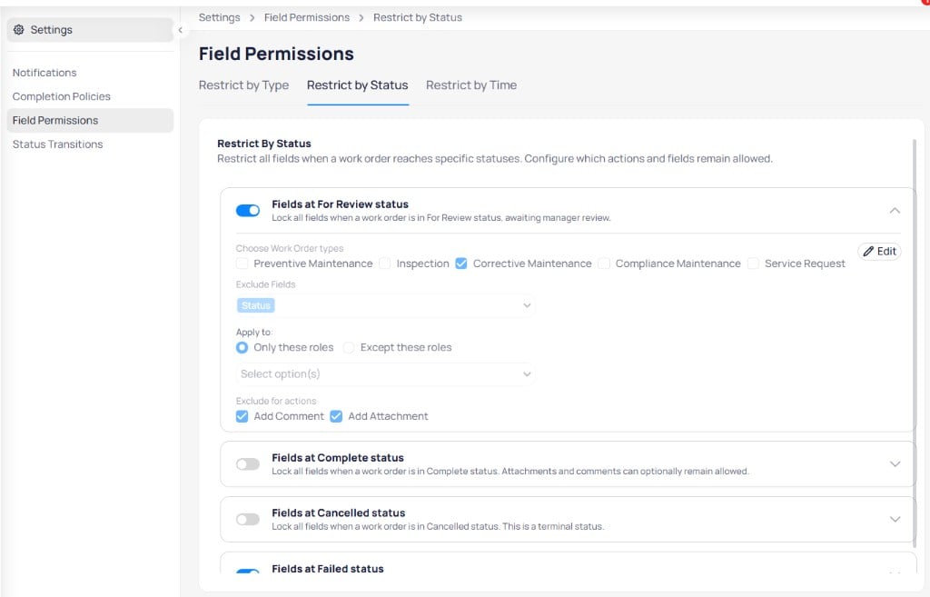 AssetOps Field Permissions Restrict by Status tab with Fields at For Review expanded showing work order types, exclude fields, roles, and exclude for actions