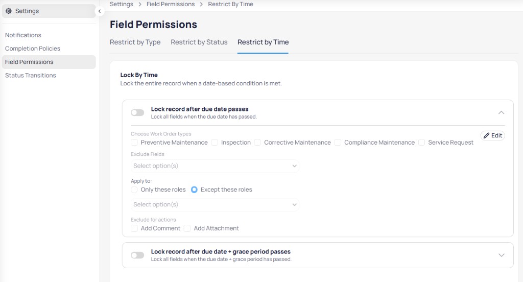 AssetOps Field Permissions Restrict by Time tab with Lock record after due date passes rule expanded