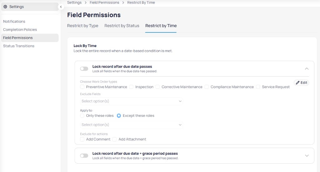 AssetOps Field Permissions Restrict by Time tab with Lock record after due date passes rule expanded