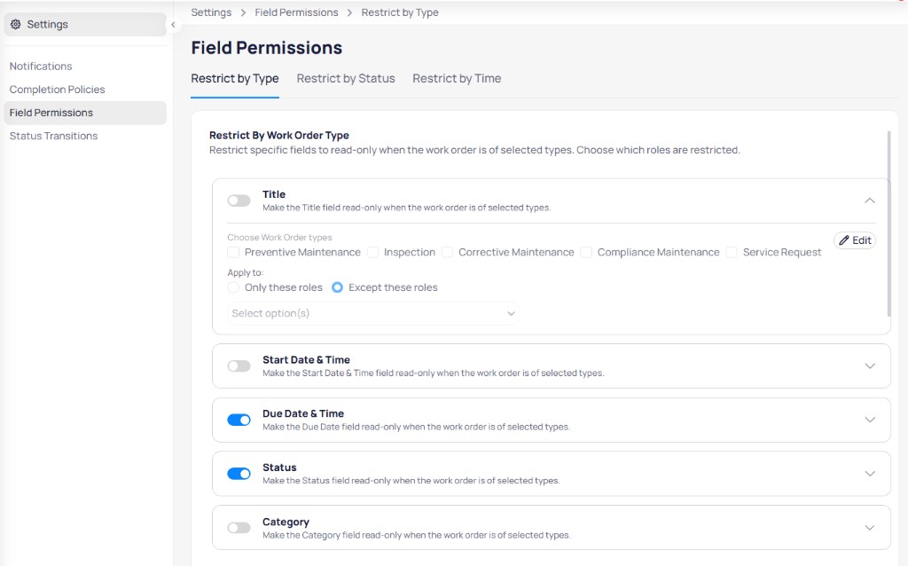 AssetOps Field Permissions Restrict by Type tab with field toggles for Title, dates, Status, and Category with expanded configuration
