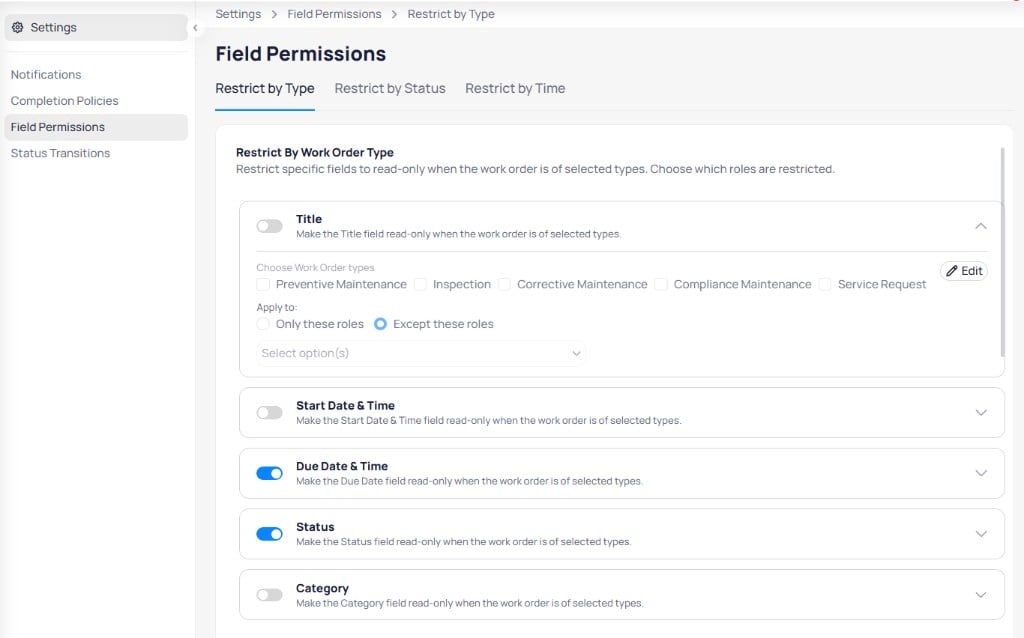 AssetOps Field Permissions Restrict by Type tab with field toggles for Title, dates, Status, and Category with expanded configuration