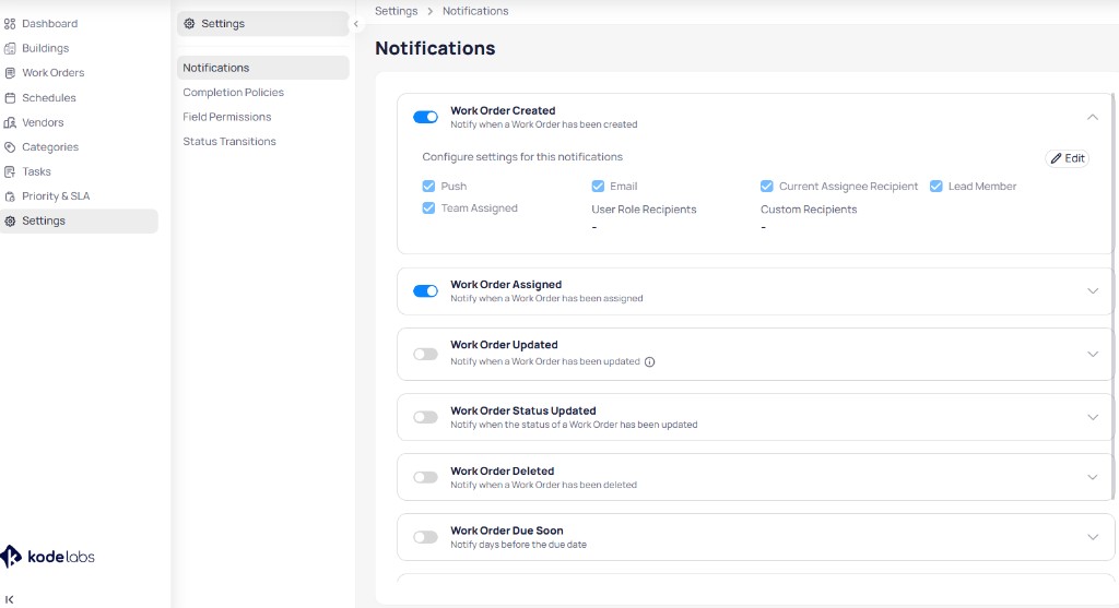 AssetOps Notifications settings with Work Order Created expanded showing delivery methods Push and Email and recipient checkboxes