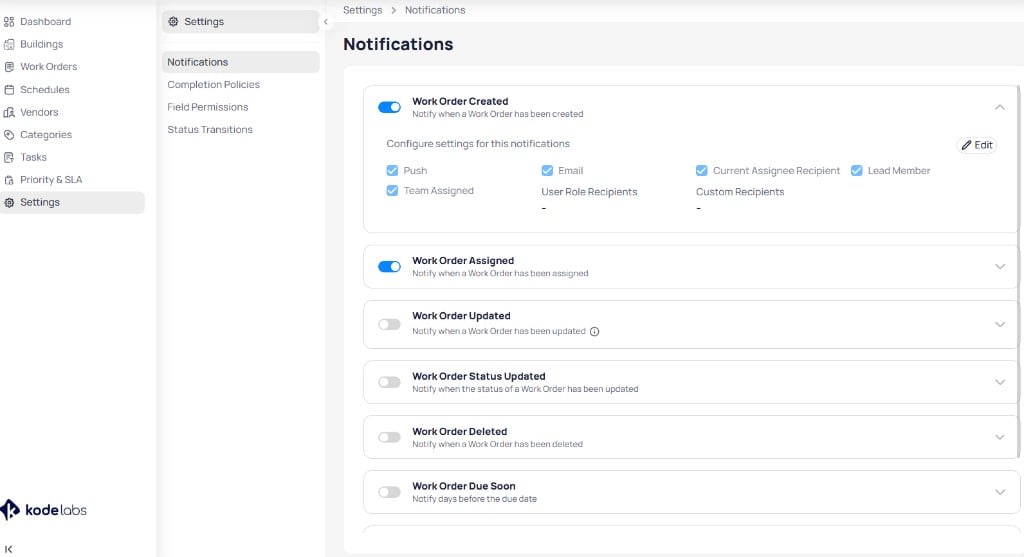 AssetOps Notifications settings with Work Order Created expanded showing delivery methods Push and Email and recipient checkboxes