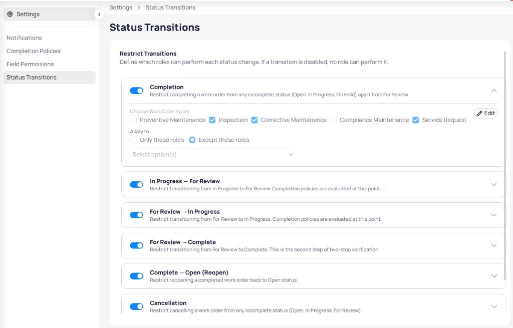 AssetOps Status Transitions settings with Completion rule expanded showing work order types and role scope