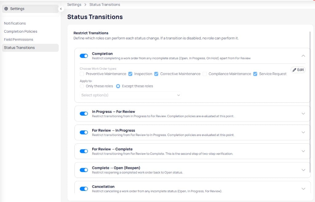 AssetOps Status Transitions settings with Completion rule expanded showing work order types and role scope
