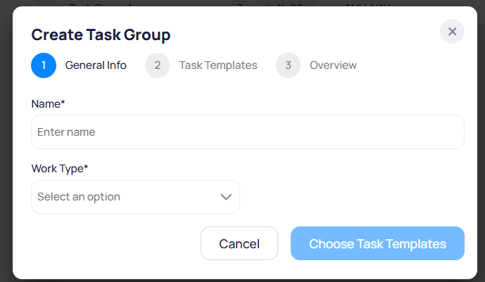 Create Task Group modal step one General Info with Name and Work Type fields