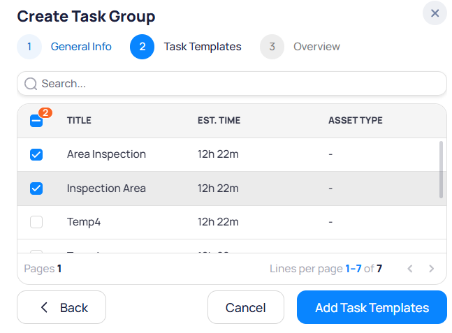 Create Task Group modal step two Task Templates with search field, template list with Title and Est Time columns, and two templates selected