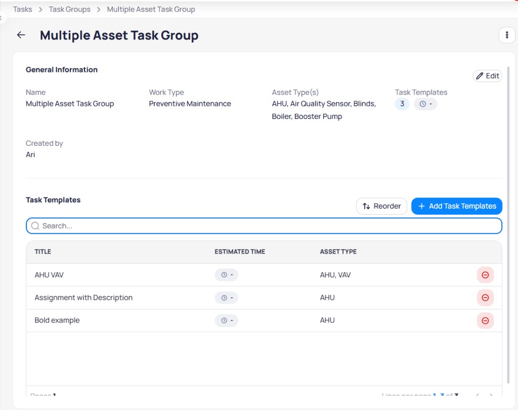 Multiple Asset Task Group details with General Information section and Task Templates table with Reorder and Add Task Templates actions