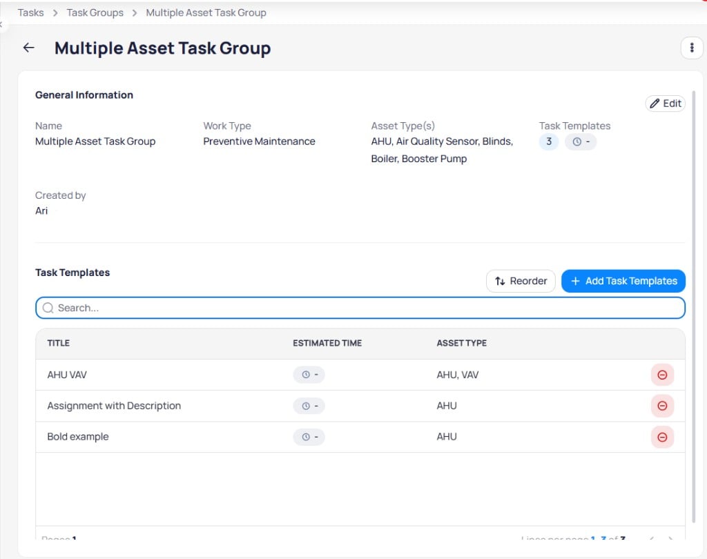 Multiple Asset Task Group details with General Information section and Task Templates table with Reorder and Add Task Templates actions
