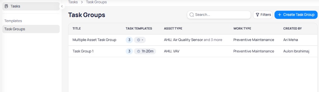 AssetOps Task Groups list with Title, Task Templates count, Asset Type, Work Type, and Created By columns