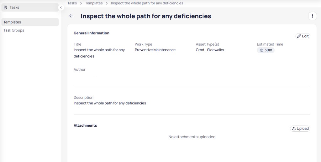 Task template details page with General Information including title, work type, asset types, and estimated time, plus Description and Attachments sections