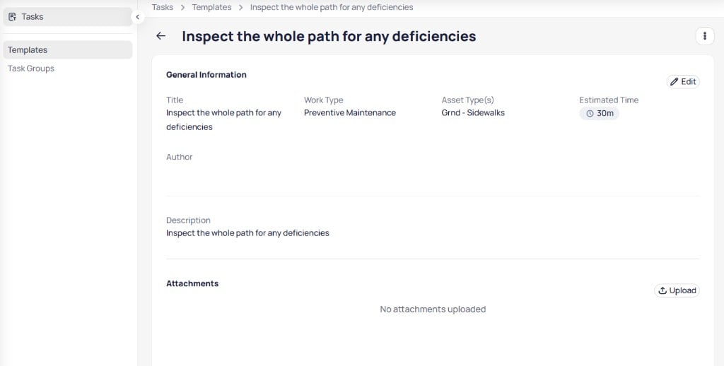 Task template details page with General Information including title, work type, asset types, and estimated time, plus Description and Attachments sections