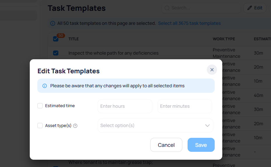Edit Task Templates modal with checkboxes to update estimated time and asset types for all selected templates on the page