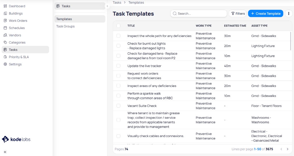 AssetOps Task Templates list with Title, Work Type, Estimated Time, and Asset Type columns, search, Filters, and Create Template button