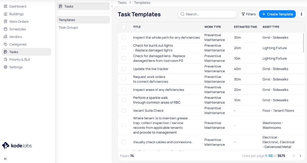 AssetOps Task Templates list with Title, Work Type, Estimated Time, and Asset Type columns, search, Filters, and Create Template button