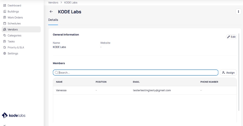 AssetOps vendor details page for KODE Labs with General Information section and Members table with Assign button