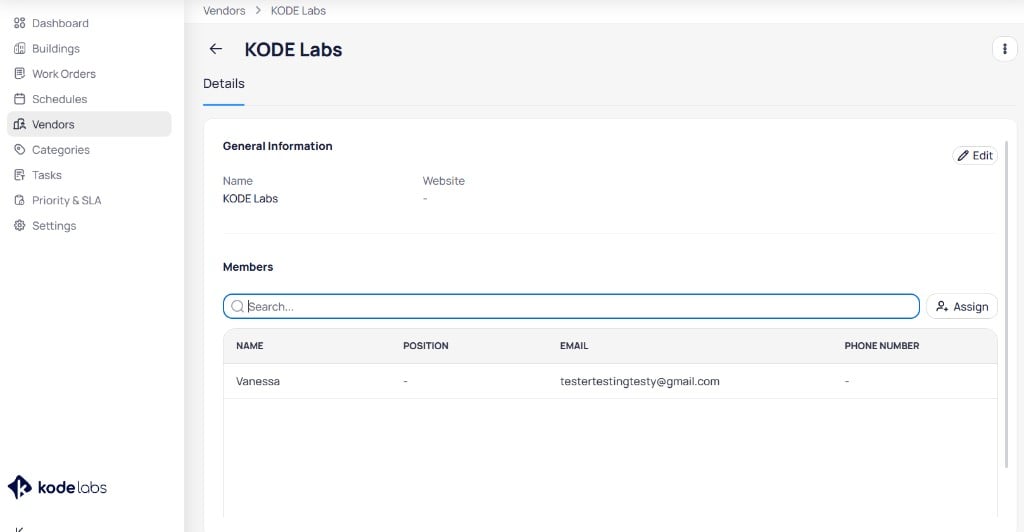 AssetOps vendor details page for KODE Labs with General Information section and Members table with Assign button