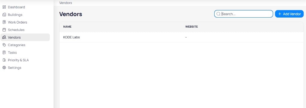 AssetOps Vendors page with name and website columns, search field, and Add Vendor button