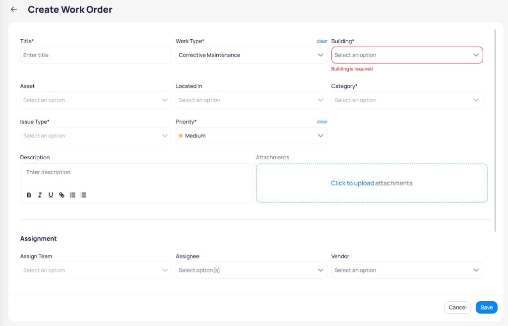 Create Work Order form at portfolio level with Title, Work Type, required Building dropdown, Asset, Located In, Category, Issue Type, Priority, Description, Attachments, and assignment fields