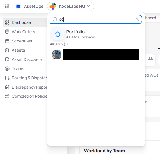 AssetOps site selector dropdown with search field, Portfolio all sites overview option, and filtered building search results