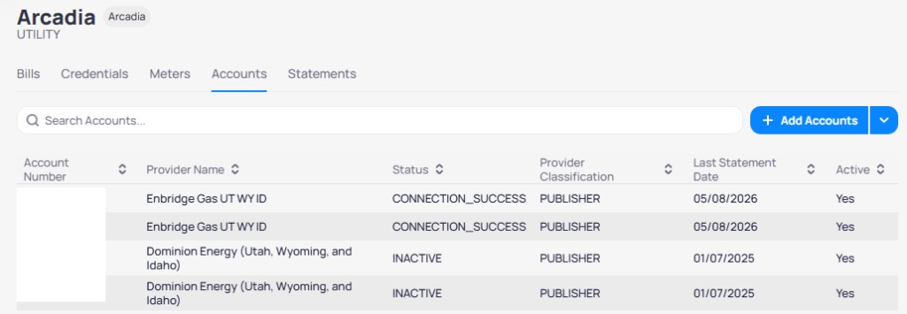 Arcadia Accounts tab with Search Accounts Add Accounts button and table with Provider Name Status CONNECTION_SUCCESS or INACTIVE Last Statement Date and Active Yes