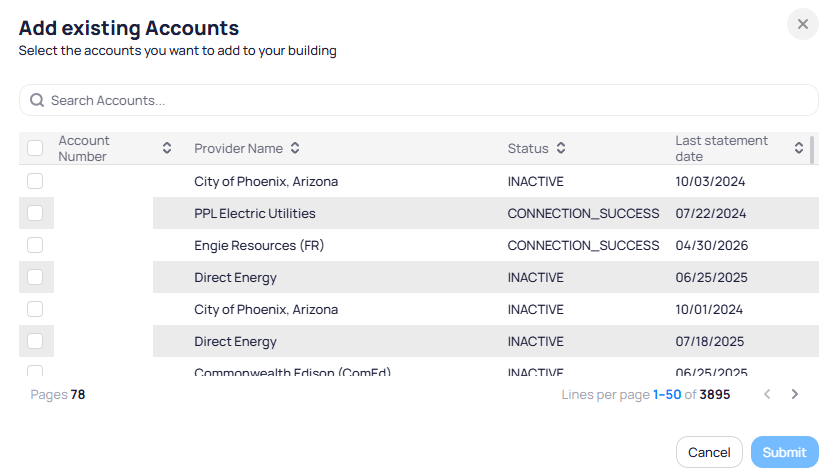 Add existing Accounts modal with searchable table of provider names status CONNECTION_SUCCESS or INACTIVE last statement dates and pagination 1-50 of 3895