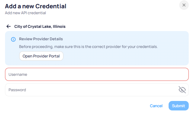 Add a new Credential form for City of Crystal Lake Illinois with Review Provider Details Open Provider Portal Username and Password fields and Submit button