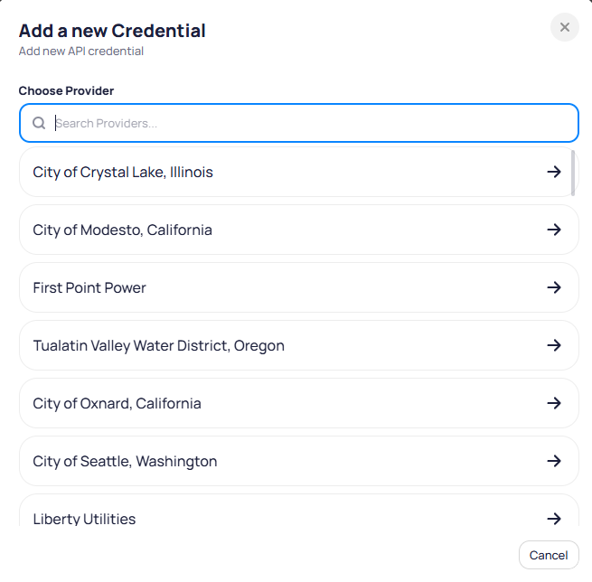Add a new Credential dialog with Search Providers list showing City of Crystal Lake City of Seattle Liberty Utilities and other utilities