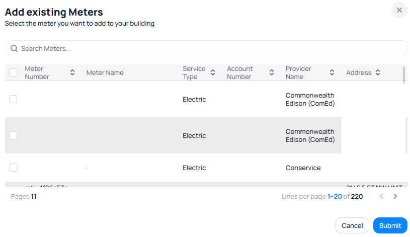 Add existing Meters modal with Search Meters table showing Meter Number Service Type Provider Name Address checkboxes and pagination 1-20 of 220