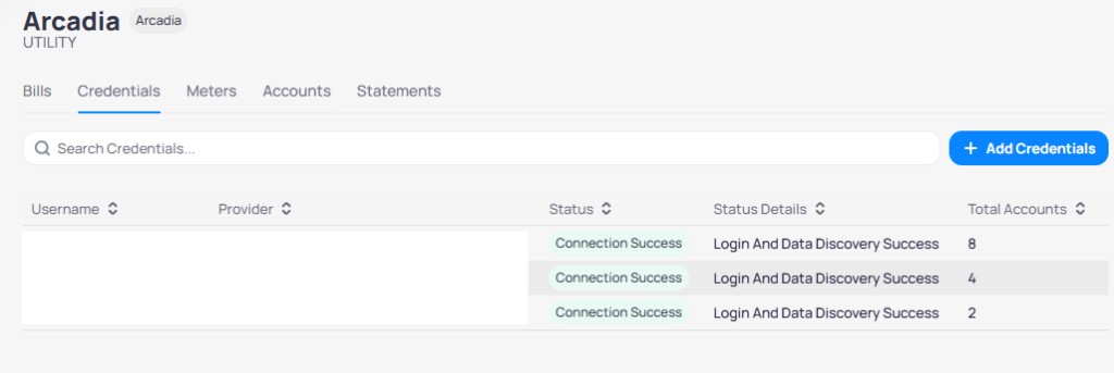 Arcadia Credentials tab with Search Credentials Add Credentials button and table showing Connection Success status Login And Data Discovery Success and Total Accounts counts