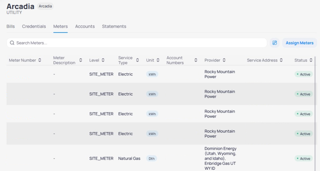 Arcadia Meters tab with Search Meters Assign Meters button and table with Meter Number Service Type Unit Account Numbers Provider Service Address and Active status