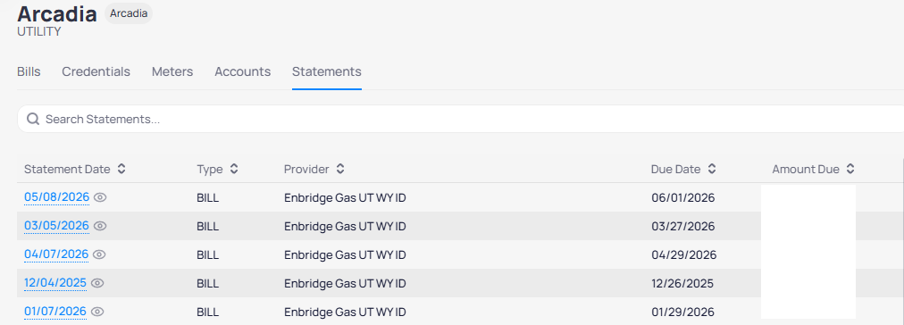 Arcadia Statements tab with Search Statements and table showing Statement Date with view icon Type BILL Provider Enbridge Gas Due Date and Amount Due columns