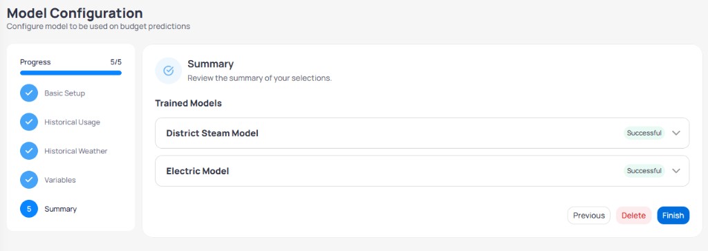 Model Configuration wizard step 5 Summary showing Trained Models District Steam Model and Electric Model each with Successful badge and Previous Delete Finish buttons