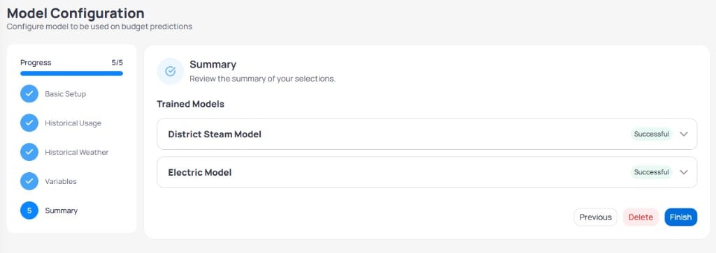 Model Configuration wizard step 5 Summary showing Trained Models District Steam Model and Electric Model each with Successful badge and Previous Delete Finish buttons