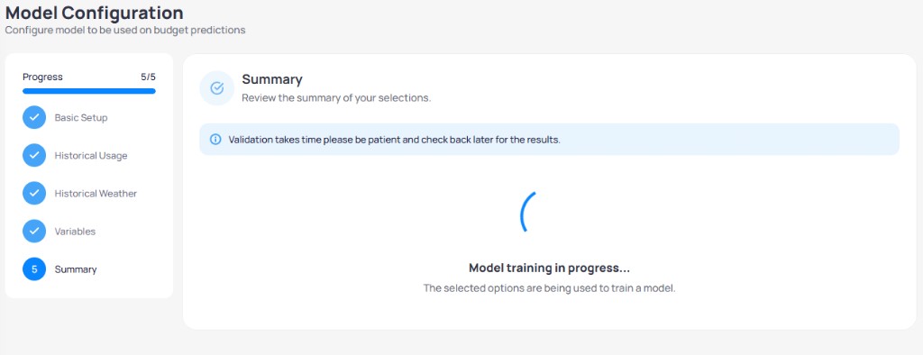 Model Configuration wizard step 5 Summary with info banner Validation takes time and spinner Model training in progress with message that selected options are being used to train a model