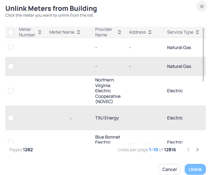 Unlink Meters from Building modal with meter table showing meter numbers names providers addresses Natural Gas and Electric service types checkboxes and pagination 1-10 of 12816