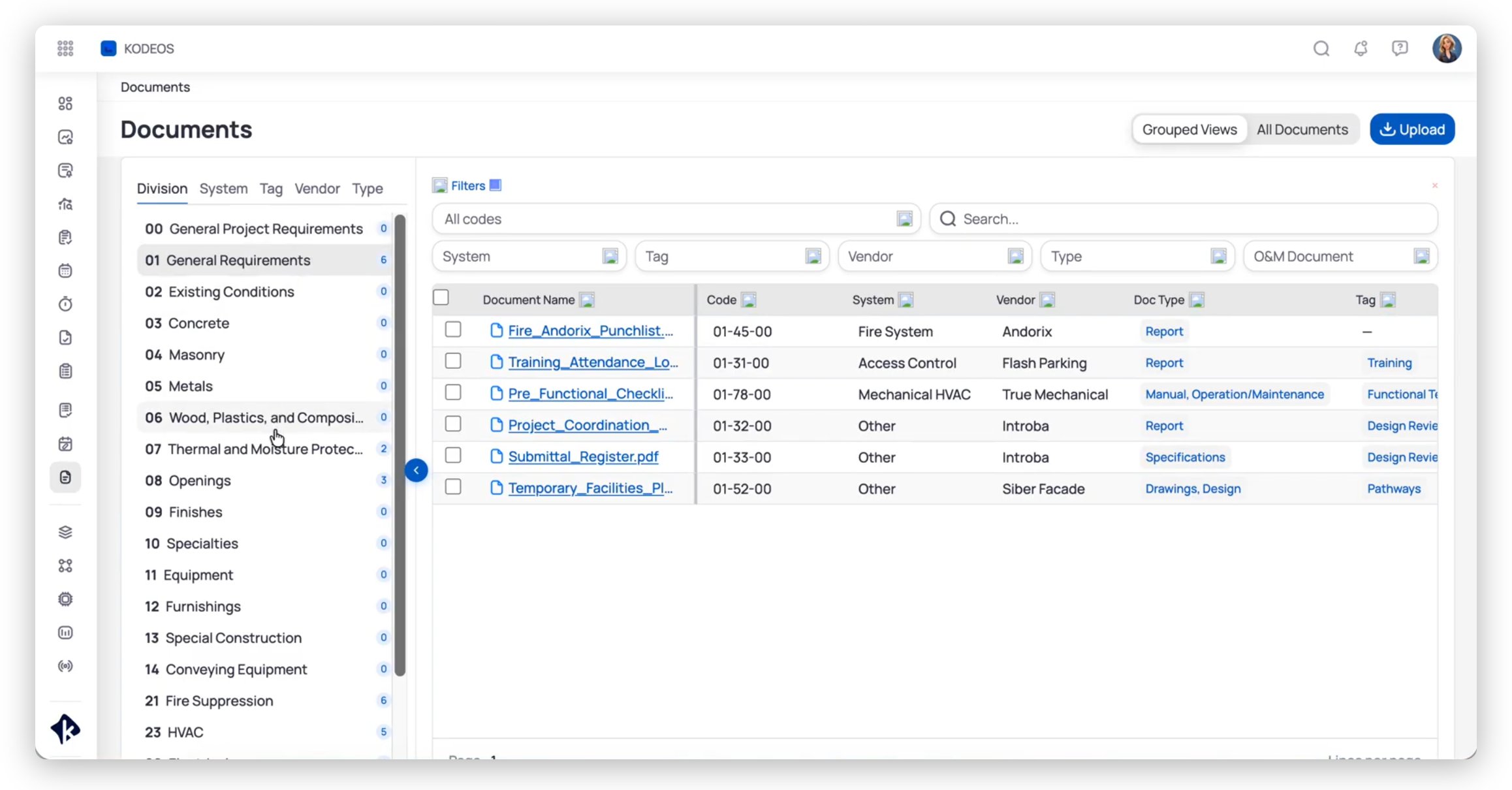 Documents Grouped view Division tab listing CSI divisions with counts, Division 01 General Requirements selected, and table columns Name Code System Vendor Doc Type and Tag