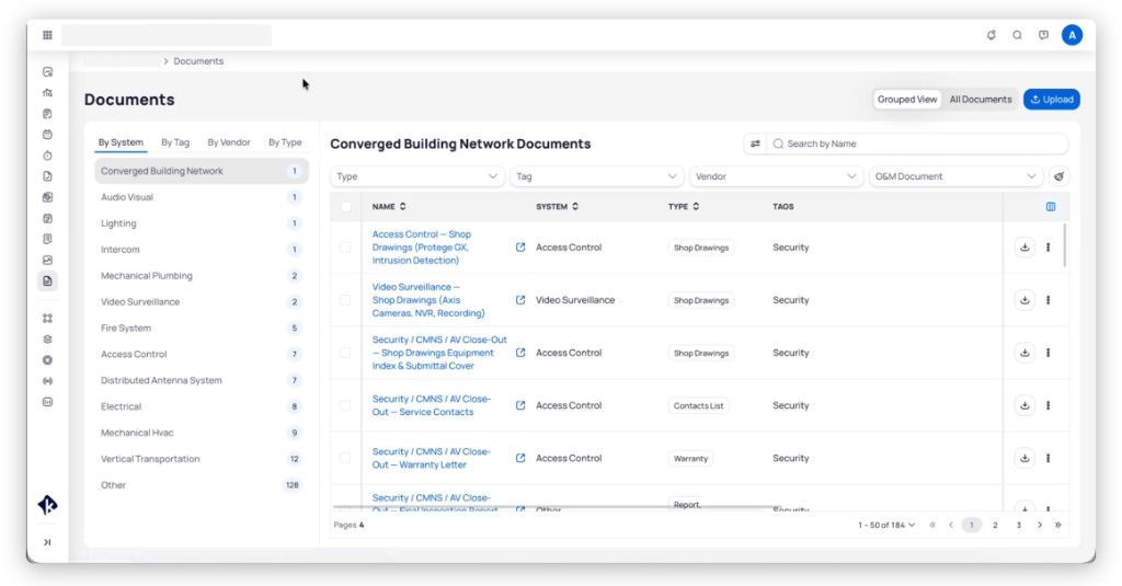 Building Documents Grouped view with System Tag Vendor and Type tabs, Converged Building Network selected, and document table with Name System Type and Tags columns