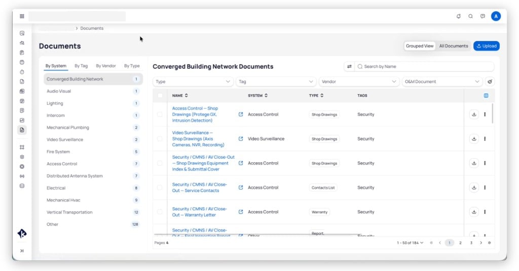 Building Documents Grouped view with System Tag Vendor and Type tabs, Converged Building Network selected, and document table with Name System Type and Tags columns