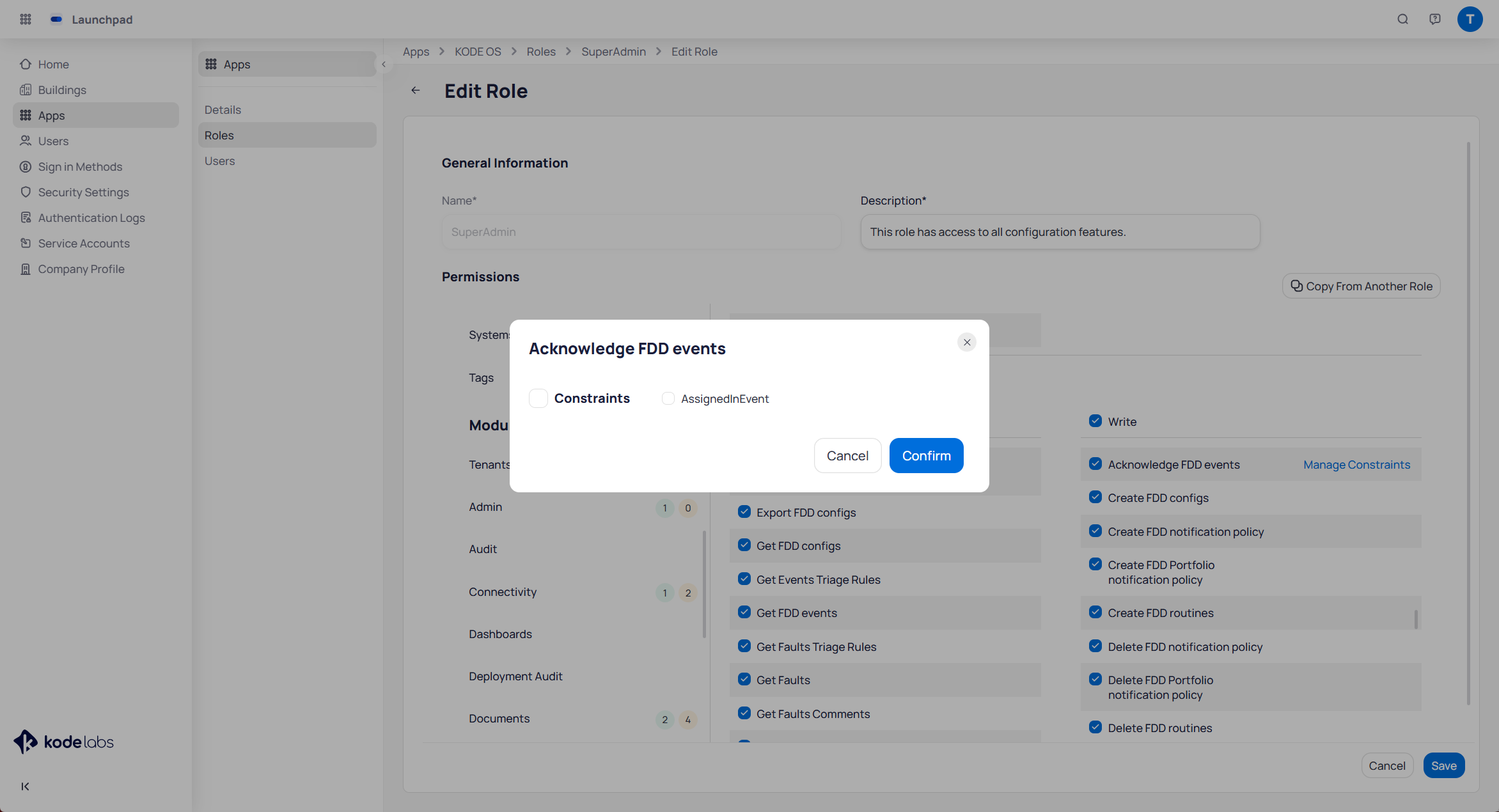 Edit Role page for SuperAdmin with the Acknowledge FDD events constraint dialog open, showing Constraints and AssignedInEvent checkboxes