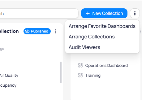 Three-dot menu in the upper-right corner showing Arrange Favorite Dashboards, Arrange Collections, and Audit Viewers options next to the New Collection button
