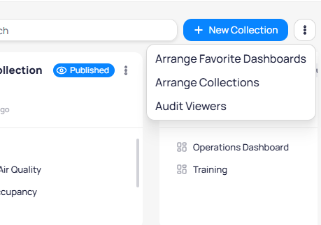 Three-dot menu in the upper-right corner showing Arrange Favorite Dashboards, Arrange Collections, and Audit Viewers options next to the New Collection button