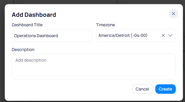 Add Dashboard dialog showing Dashboard Title set to Operations Dashboard, Timezone set to America/Detroit minus 04:00, a Description field, and Cancel and Create buttons